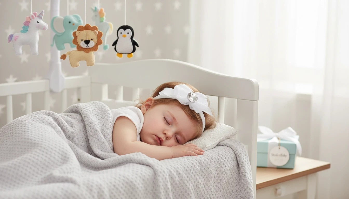 Stork And Baby white alice band with bow and diamante detail worn by a sleeping baby in a nursery