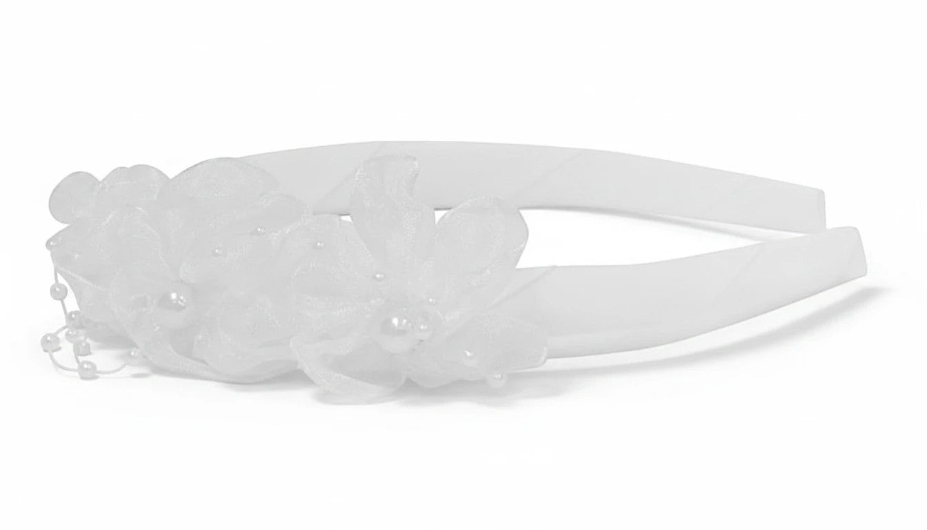 Stork And Baby Mothers Choice girls white alice band featuring organza flowers and delicate pearl embellishments.