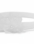 Stork And Baby Mothers Choice girls white alice band featuring organza flowers and delicate pearl embellishments.