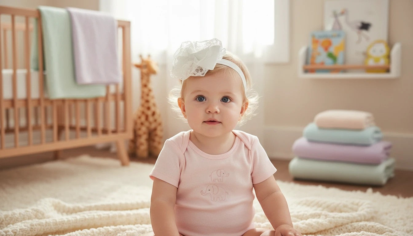Baby girl wearing a Stork And Baby white satin and lace bow Alice band in a nursery setting.