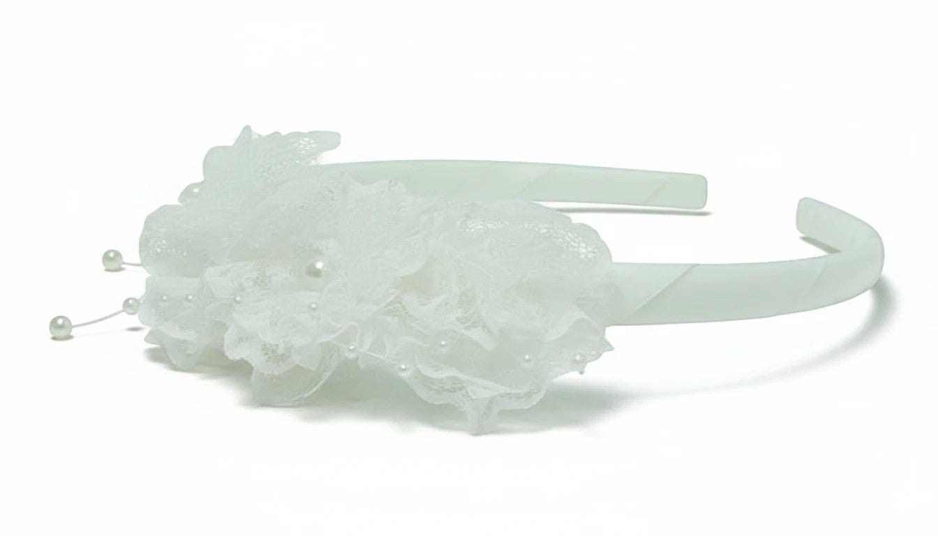 Stork And Baby Mothers Choice girls white alice band featuring delicate lace flowers and pearl accents