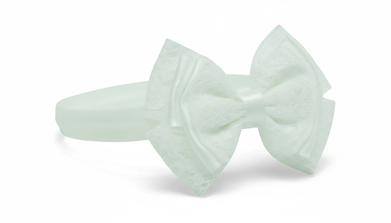Stork And Baby Mothers Choice girls white satin alice band featuring a delicate lace bow detail.