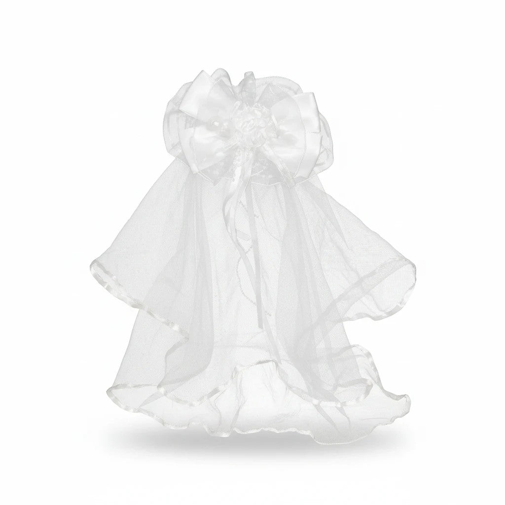 Stork And Baby girls white wedding veil featuring a decorative satin bow and tulle netting with ribbon trim.