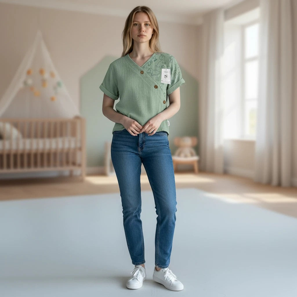 Stork And Baby green muslin wrap top with embroidered dinosaurs and button closure. Short sleeves, perfect for summer.