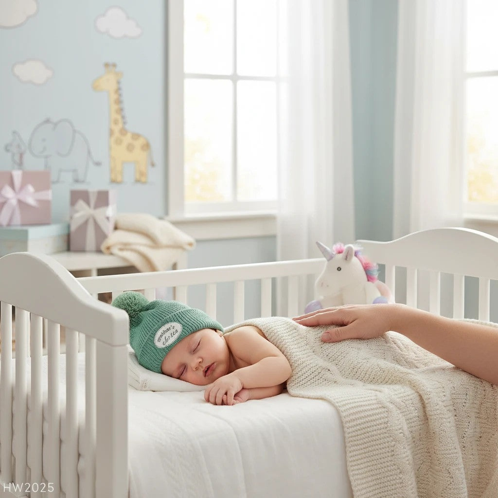 Stork And Baby green knitted pom pom beanie with "mother's choice" patch on sleeping baby.