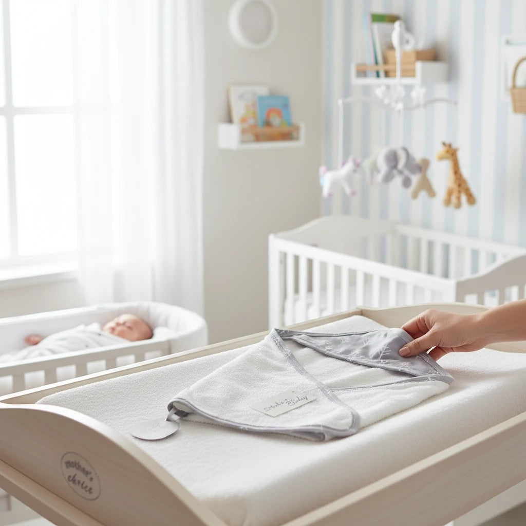 Stork And Baby grey bamboo hooded baby towel with a leaf pattern on the hood. 75x75cm.