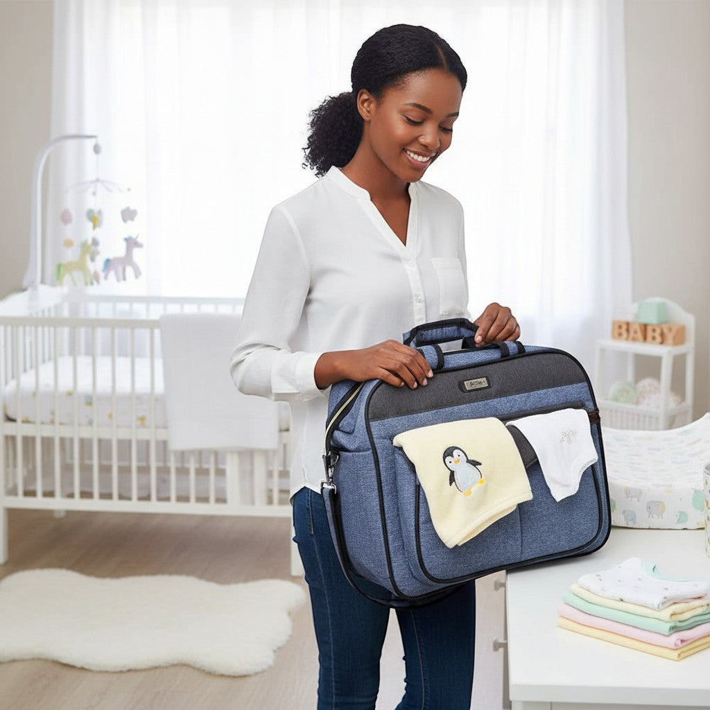 Stork And Baby Mothers Choice Grey Combo Nappy Bag with penguin detail, a versatile diaper bag for parents.