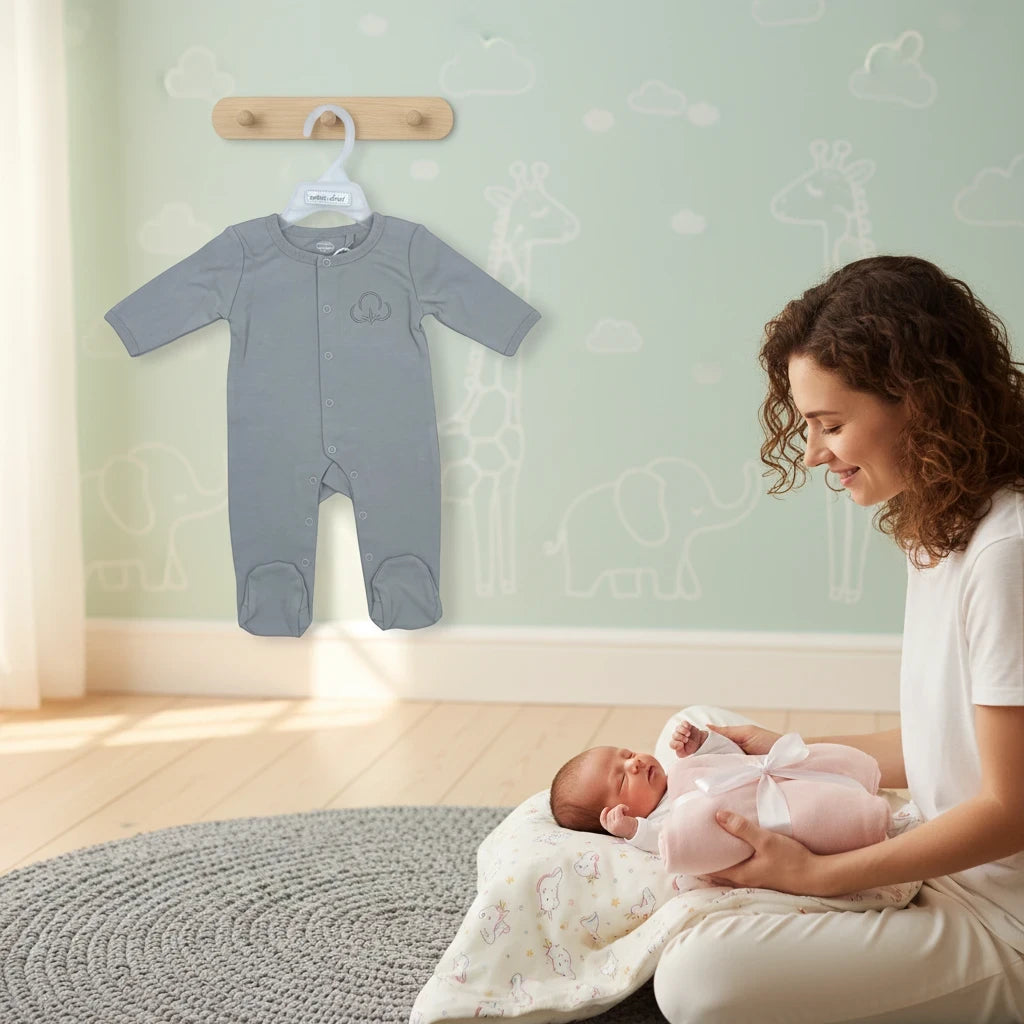 Stork And Baby grey cotton babygrow with elephant detail, on hanger, with mother and newborn baby.