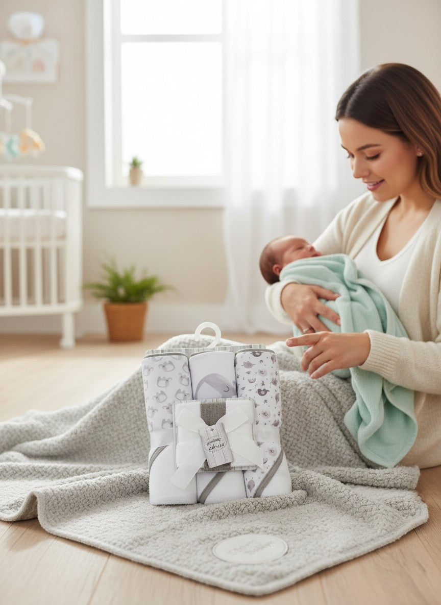 Stork And Baby grey elephant 3-piece hooded towel and 3-piece facecloth set made of soft cotton.