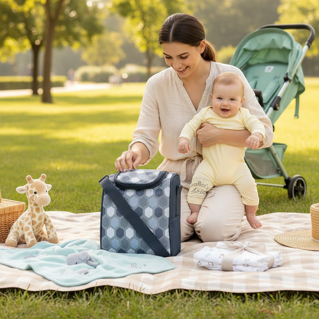 Stork And Baby grey geometric insulated infant bottle warmer bag with strap, perfect for travel and outings.