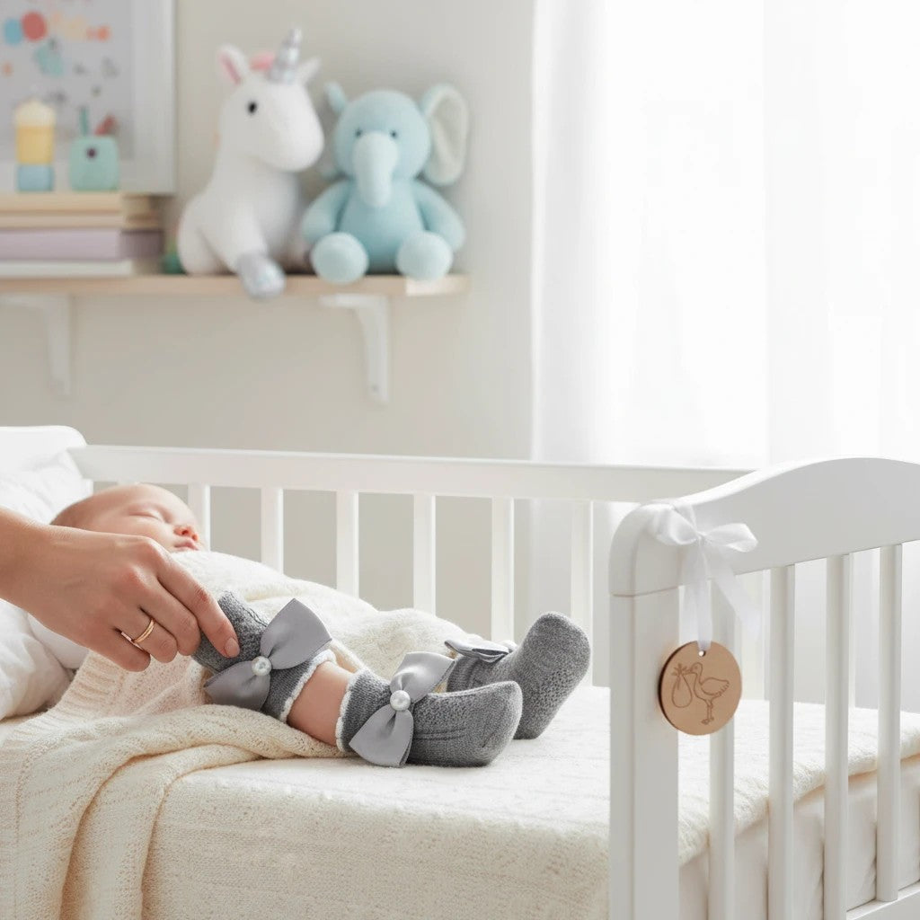 Stork And Baby grey infant socks with white lace trim and large grey bows with pearl centers. A baby's feet are visible in a crib.