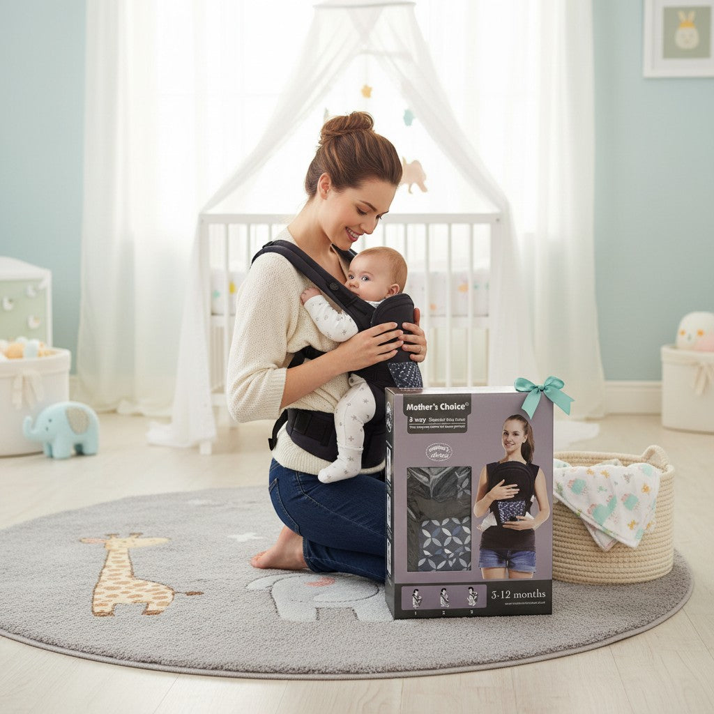 Stork And Baby Mother's Choice grey patterned baby carrier with 3 carrying positions, worn by a mother holding her baby.
