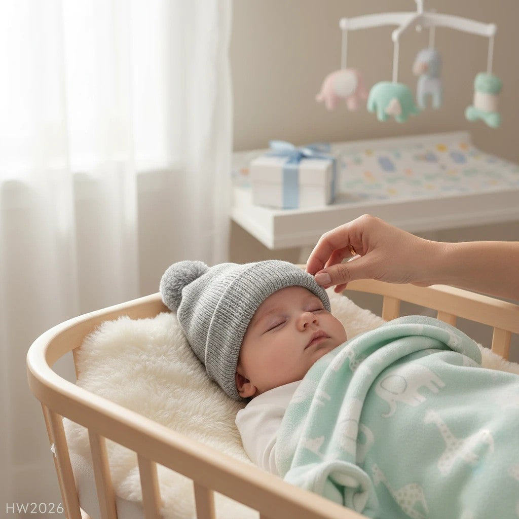 Stork And Baby grey knit pom pom beanie on a sleeping baby in a crib.