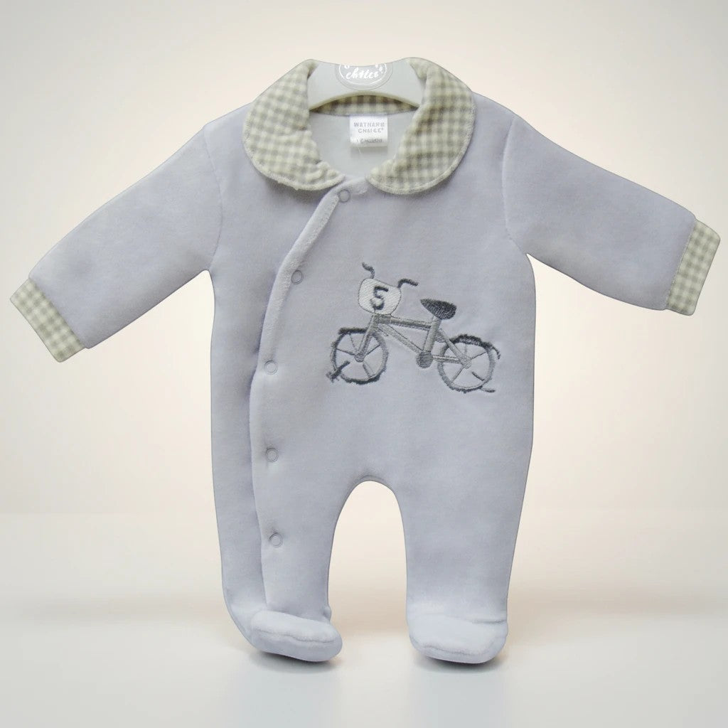 Stork And Baby grey padded velour baby grower with bicycle embroidery and gingham trim