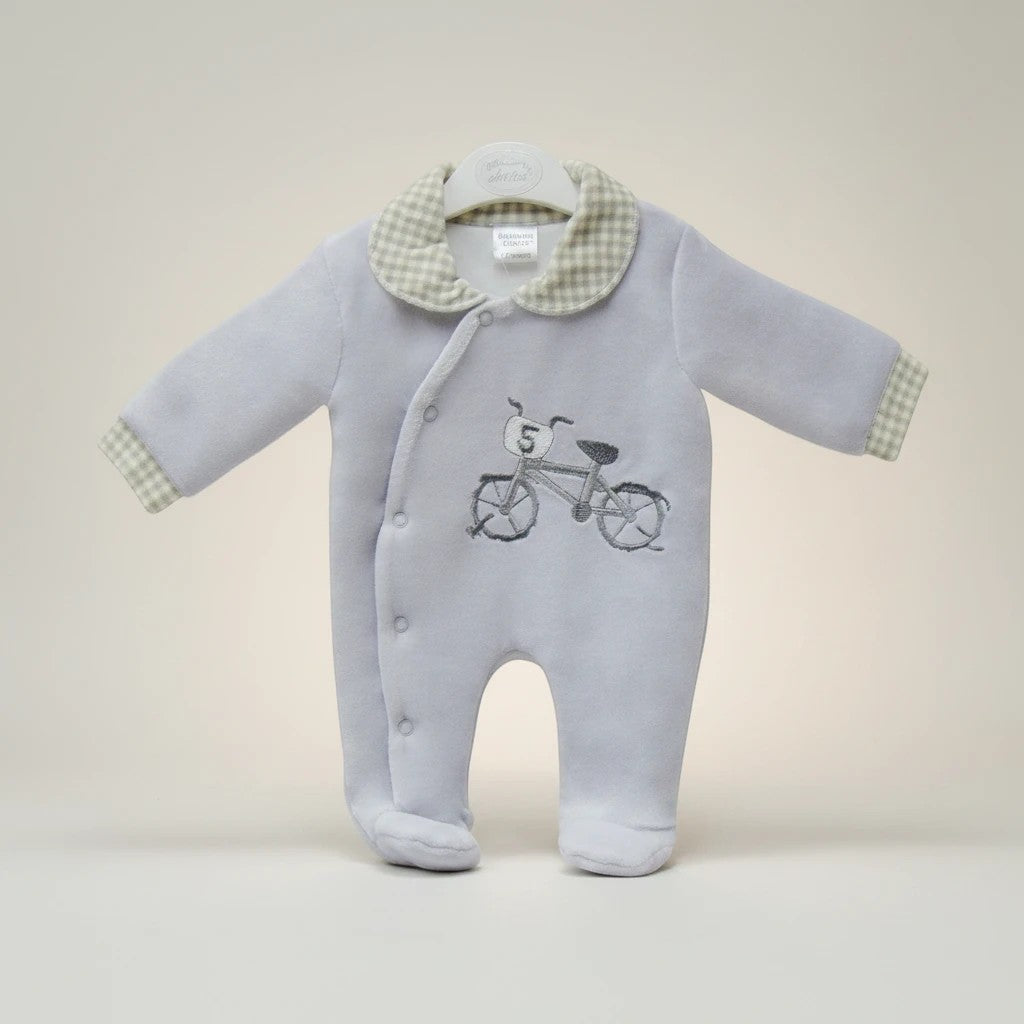 Stork And Baby grey padded velour baby grower with bicycle embroidery and gingham collar and cuffs.