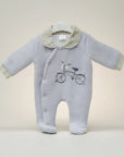 Stork And Baby grey padded velour baby grower with bicycle embroidery and gingham collar and cuffs.