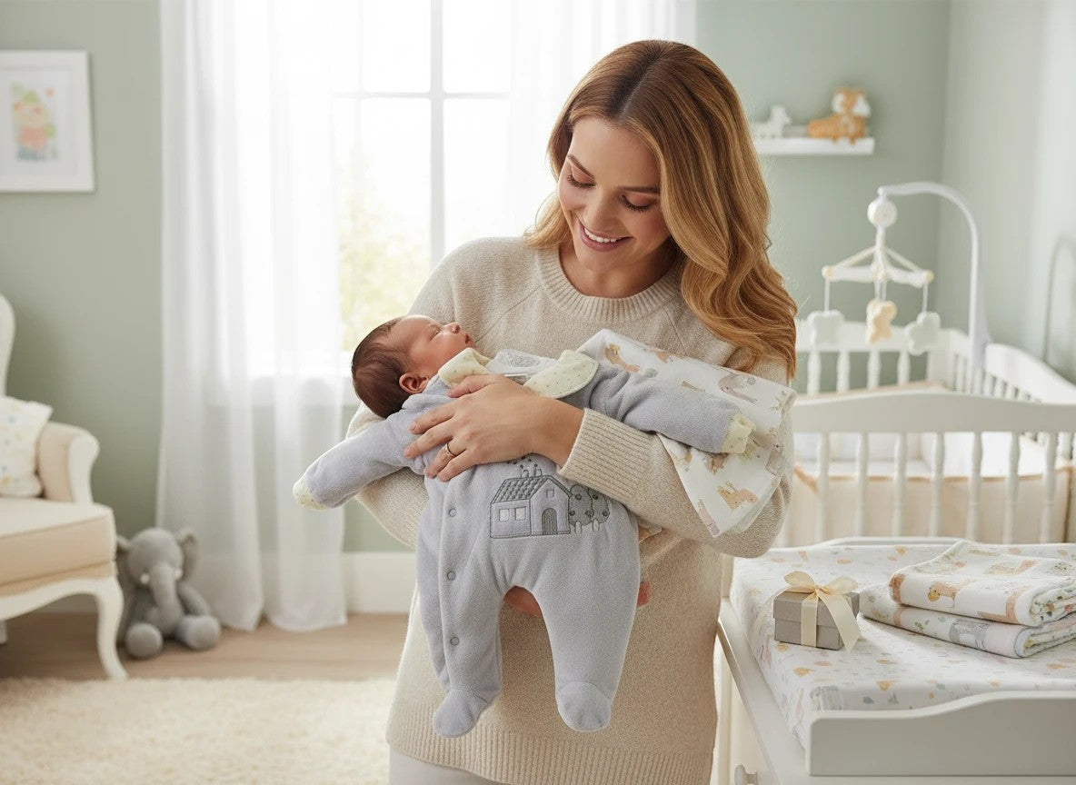 Stork And Baby grey padded velour baby grower with house embroidery. Gentle on skin, ideal for cooler days.