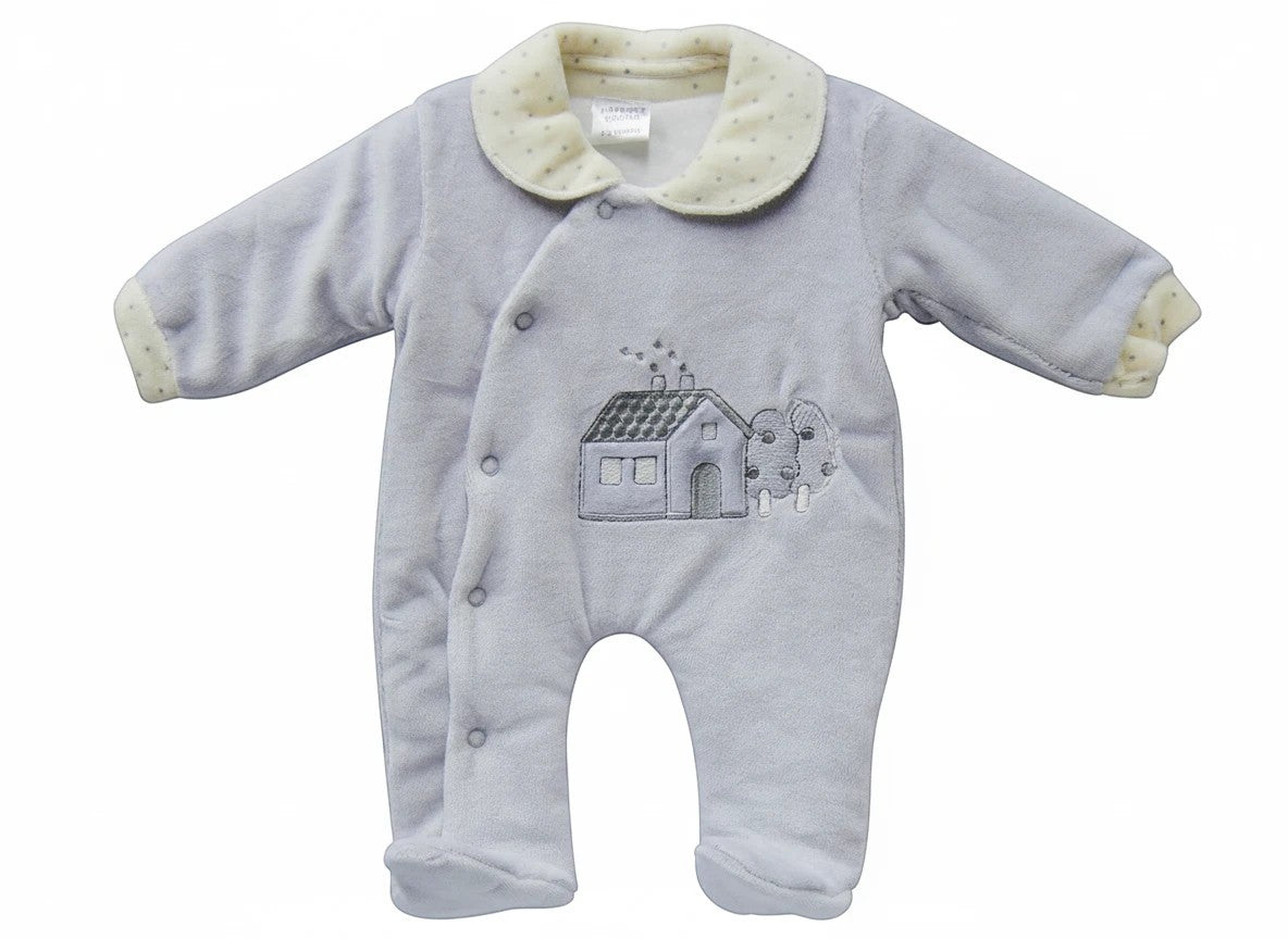 Stork And Baby grey velour padded grower with a house and tree embroidery. Features a cream collar with polka dots.