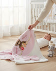 Stork And Baby pink hooded towel and facecloth set with a 'Happy Bear' design, perfect for baby bath time.