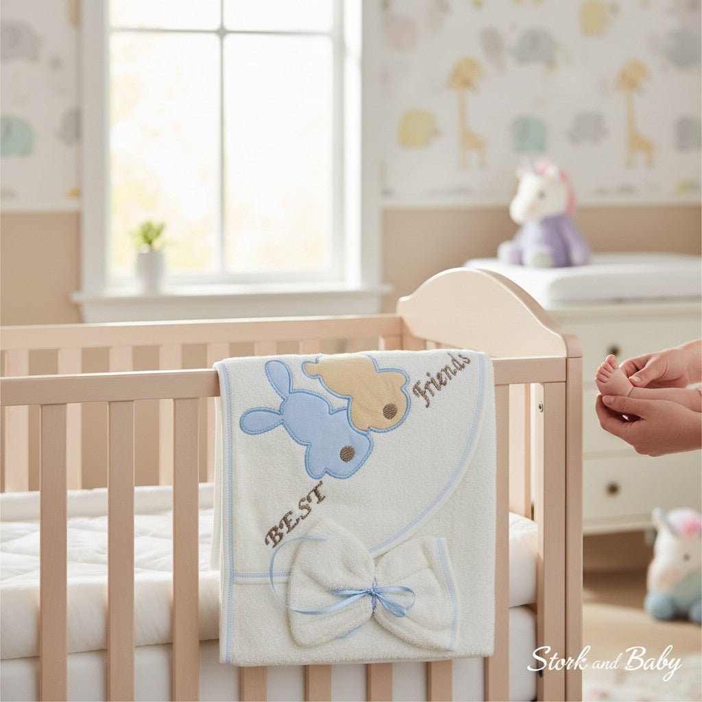 Stork and Baby white hooded towel and facecloth set with blue and tan 'Best Friends' applique. Soft cotton terry.