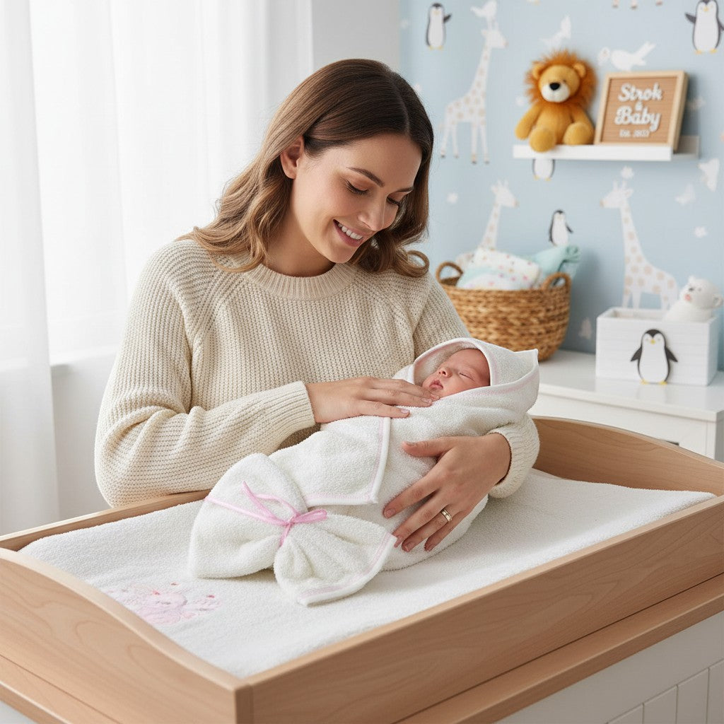 Stork And Baby white hooded towel and facecloth set with pink trim and 'Hello Baby' embroidery, tied with a pink bow.