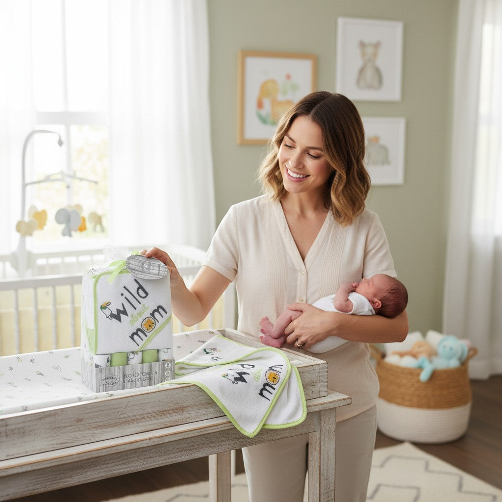 Stork And Baby hooded baby towel and 5 facecloths set with 'Wild About Mom' jungle animal print and lime green trim.