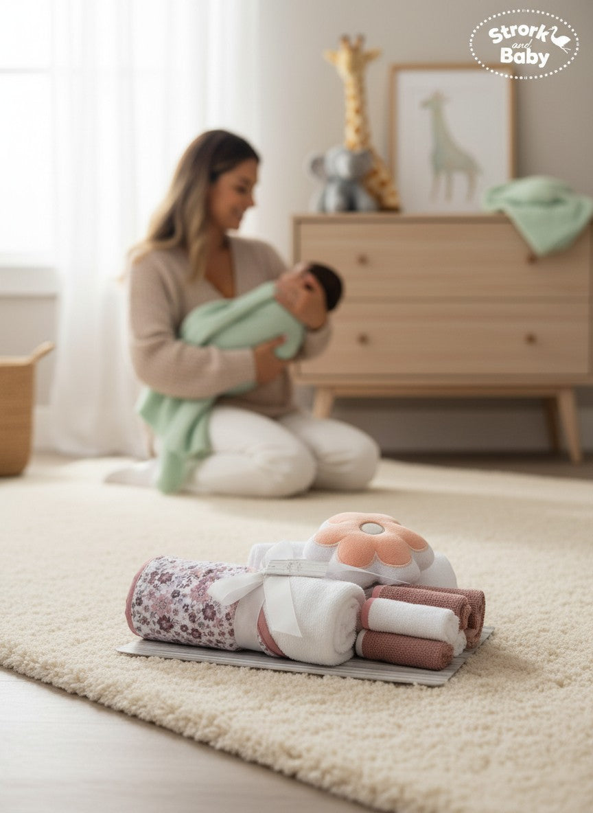 Stork and Baby hooded towel and washcloths set with pink flower design, perfect for baby bath time.