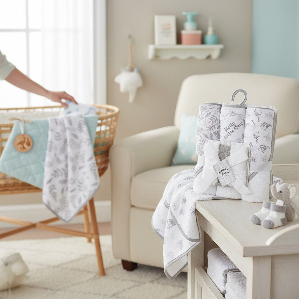 Stork And Baby 6-piece baby bath set with hooded towels and facecloths featuring a 'Hello Little One' animal print.