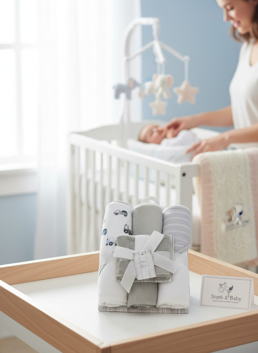 Stork & Baby 3 piece hooded towels and 3 piece facecloths set in brown construction cars design. Soft, absorbent cotton for baby care.