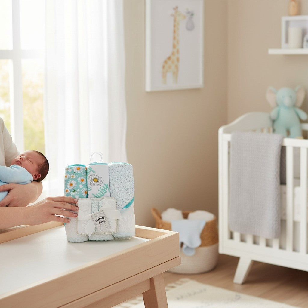 Stork And Baby hooded towels and facecloths set with daisy and sunflower prints in white and aqua