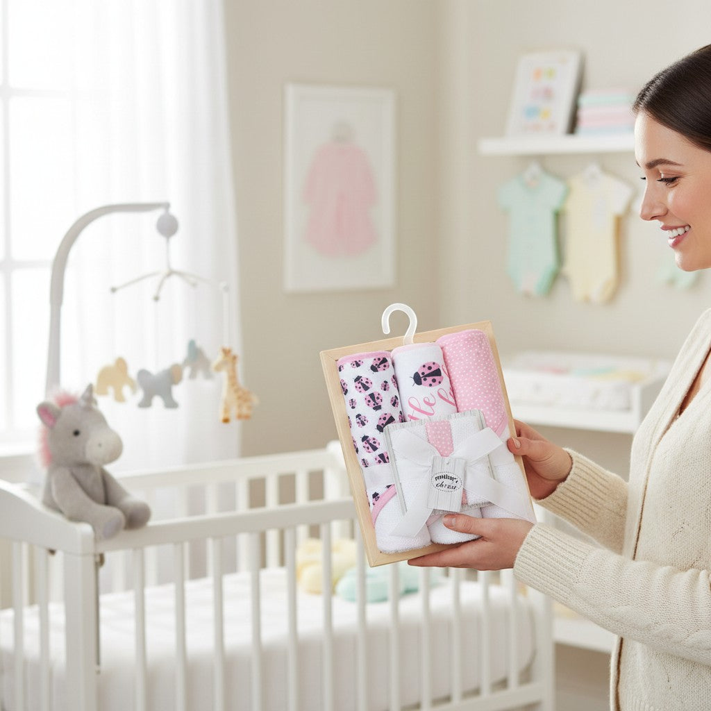 Stork And Baby 3-piece hooded baby towels and 3-piece facecloths set with ladybug print and pink polka dots.