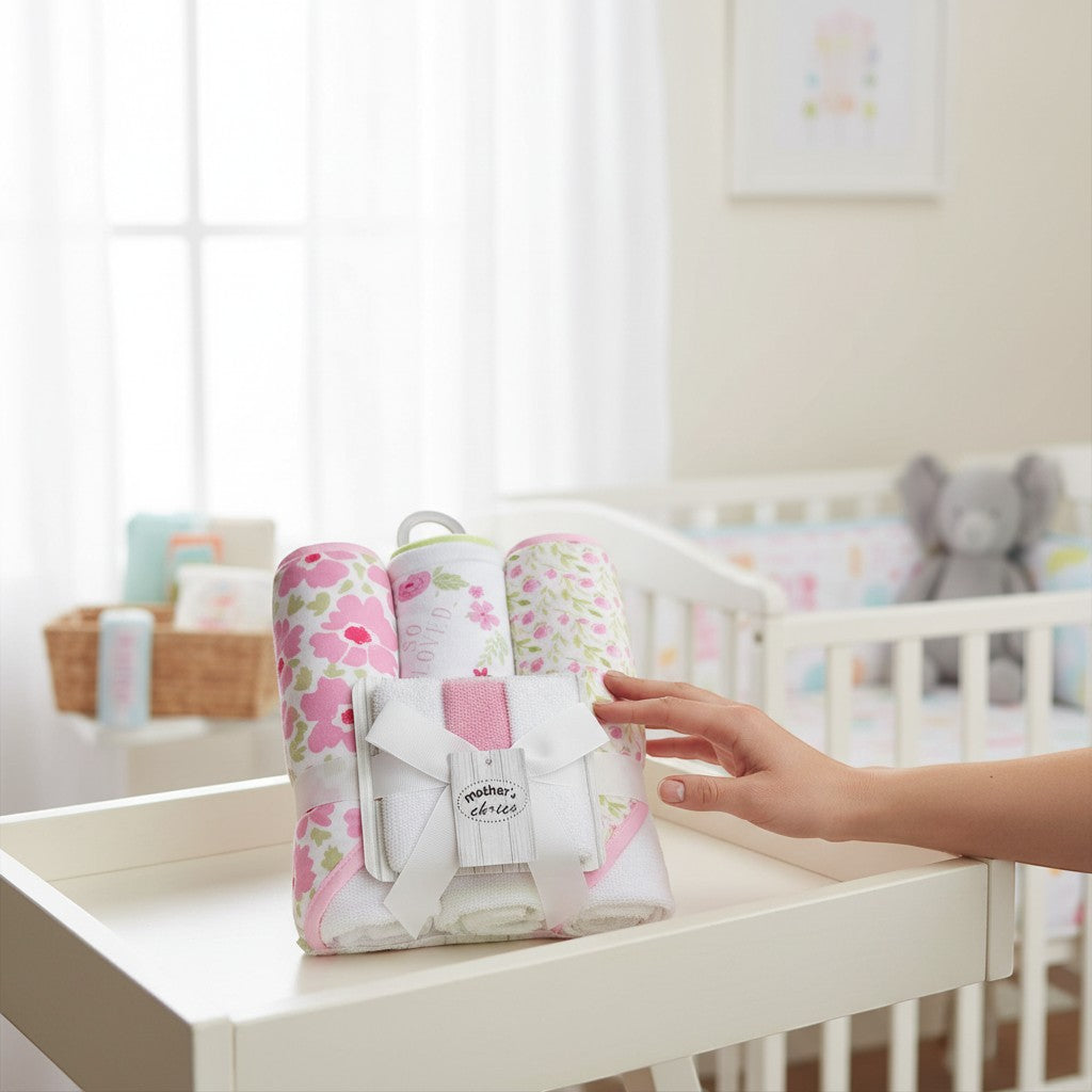 Stork And Baby hooded towels and facecloths set in pink roses pattern, 6-piece baby bath set