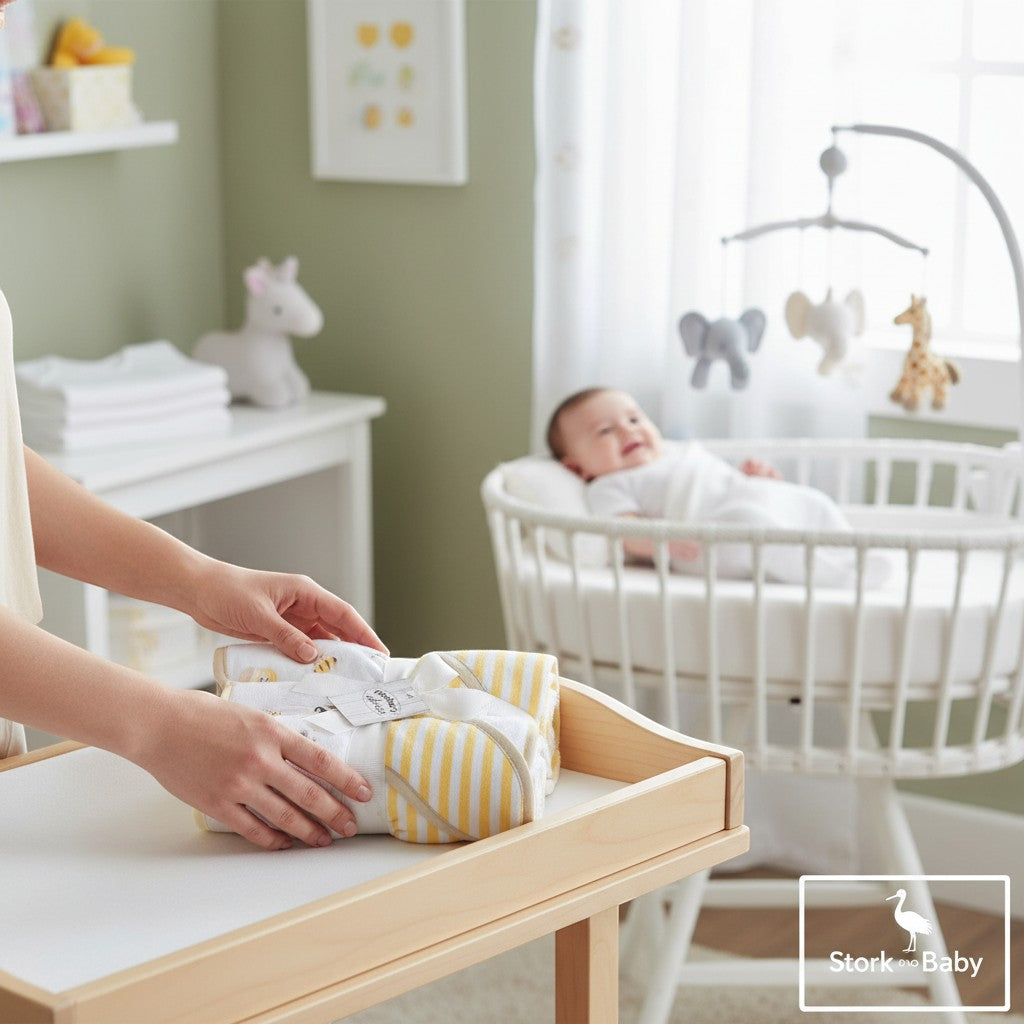 Stork And Baby 3-piece hooded baby towels and 3-piece facecloths set in yellow and white stripes with bee print.