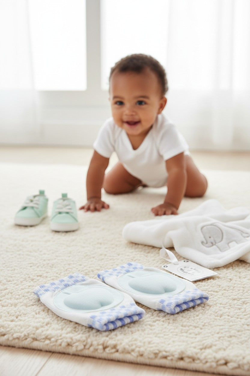 Stork And Baby Mothers Choice Inf Blue Kneeguards with padded blue inserts and blue checkered trim.