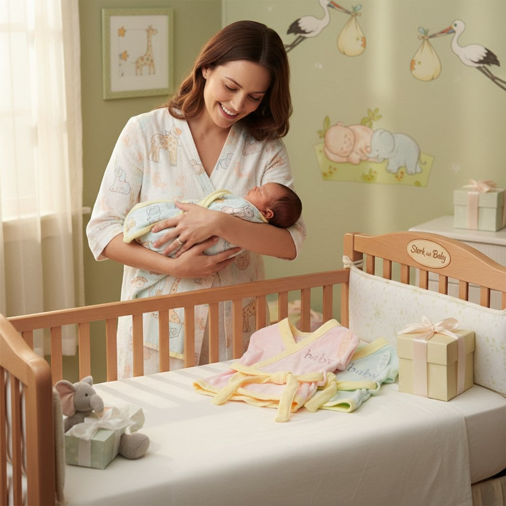 Mother's Choice pastel baby bath robes in pink, yellow, and blue, made from soft, absorbent fabric. Available at Stork and Baby.