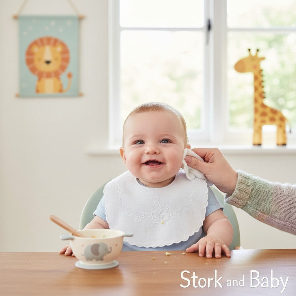 Stork and Baby white linen/cotton blend infant bib with embroidered floral and leaf design, perfect for feeding.