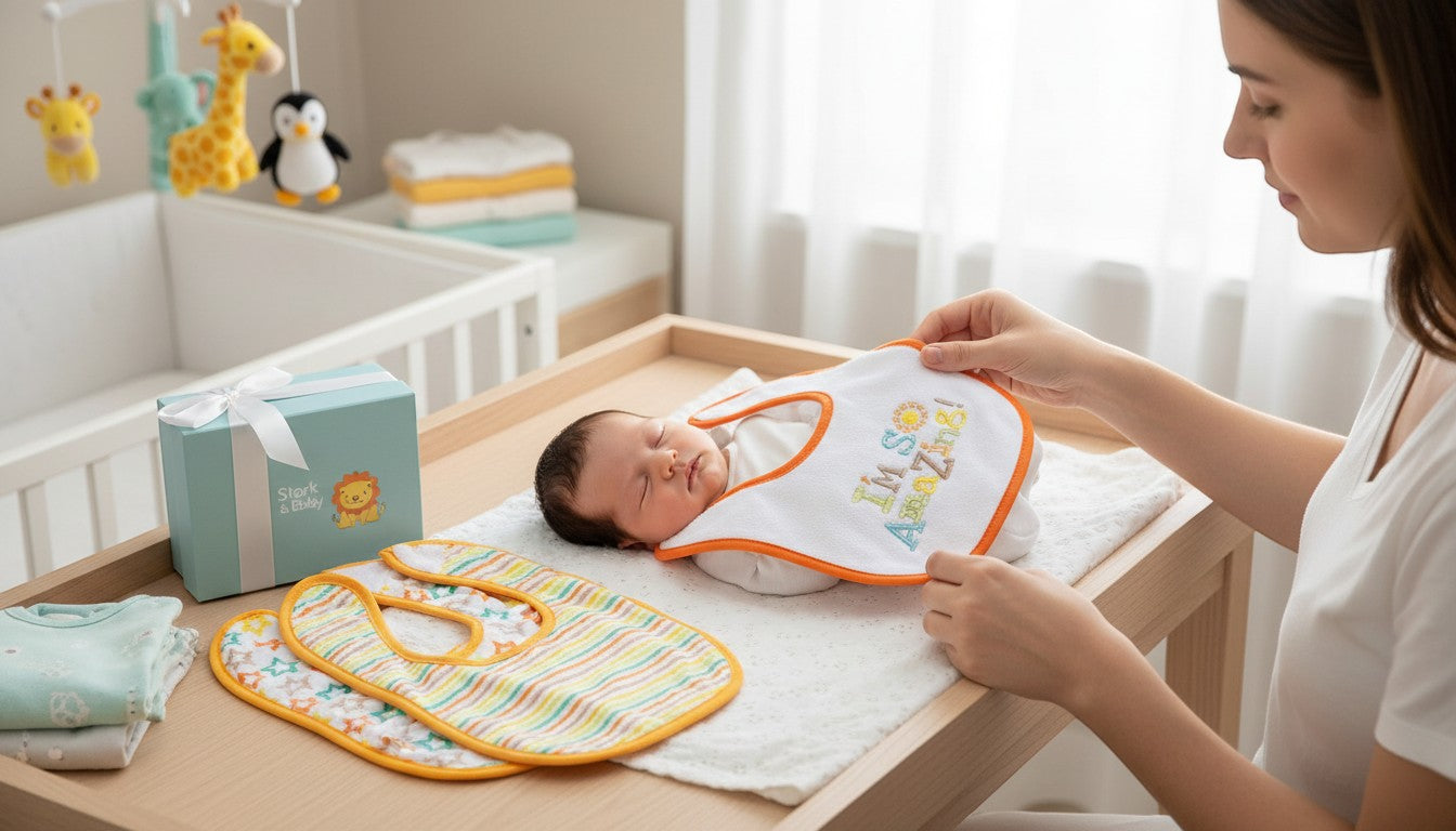 Stork And Baby white infant bib with orange trim and 'I'm So Amazing!' embroidery. A set of 5 bibs.