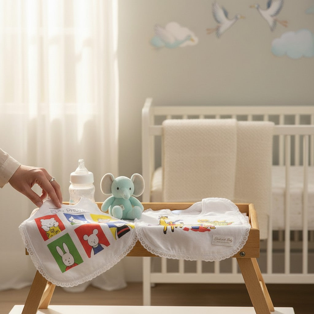 Stork And Baby pack of 3 infant bibs with colorful cartoon animal prints and lace trim.