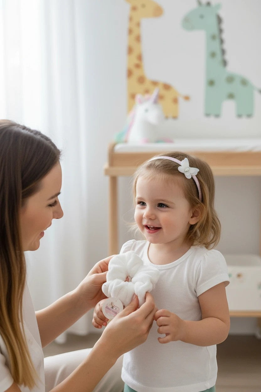 Stork And Baby infant hair accessory set featuring a white butterfly headband with diamante and a soft white scrunchie