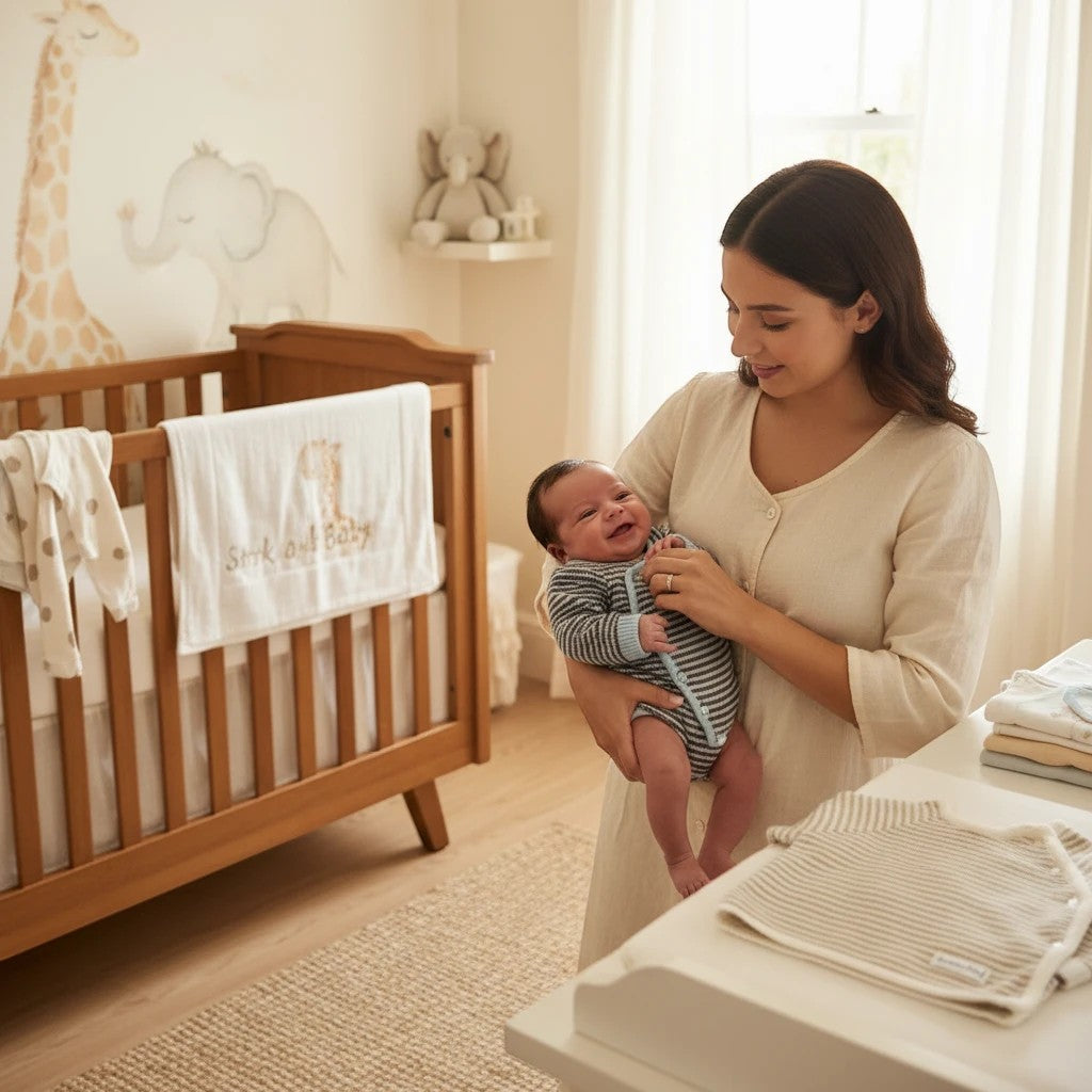 Stork And Baby mother holding a smiling infant in a striped romper, nursery setting with crib and changing table.