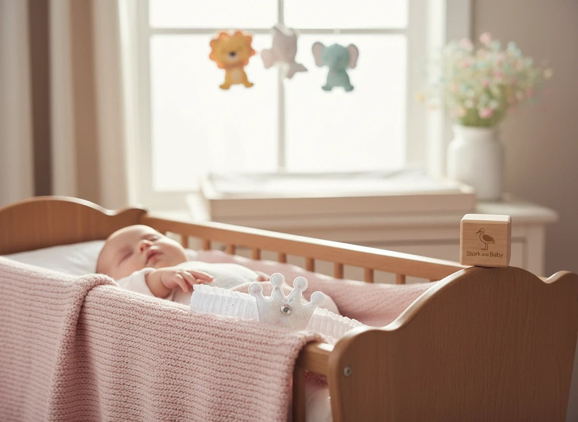Stork And Baby infant girls white polka dot crown hair accessory resting in a crib next to a sleeping baby.