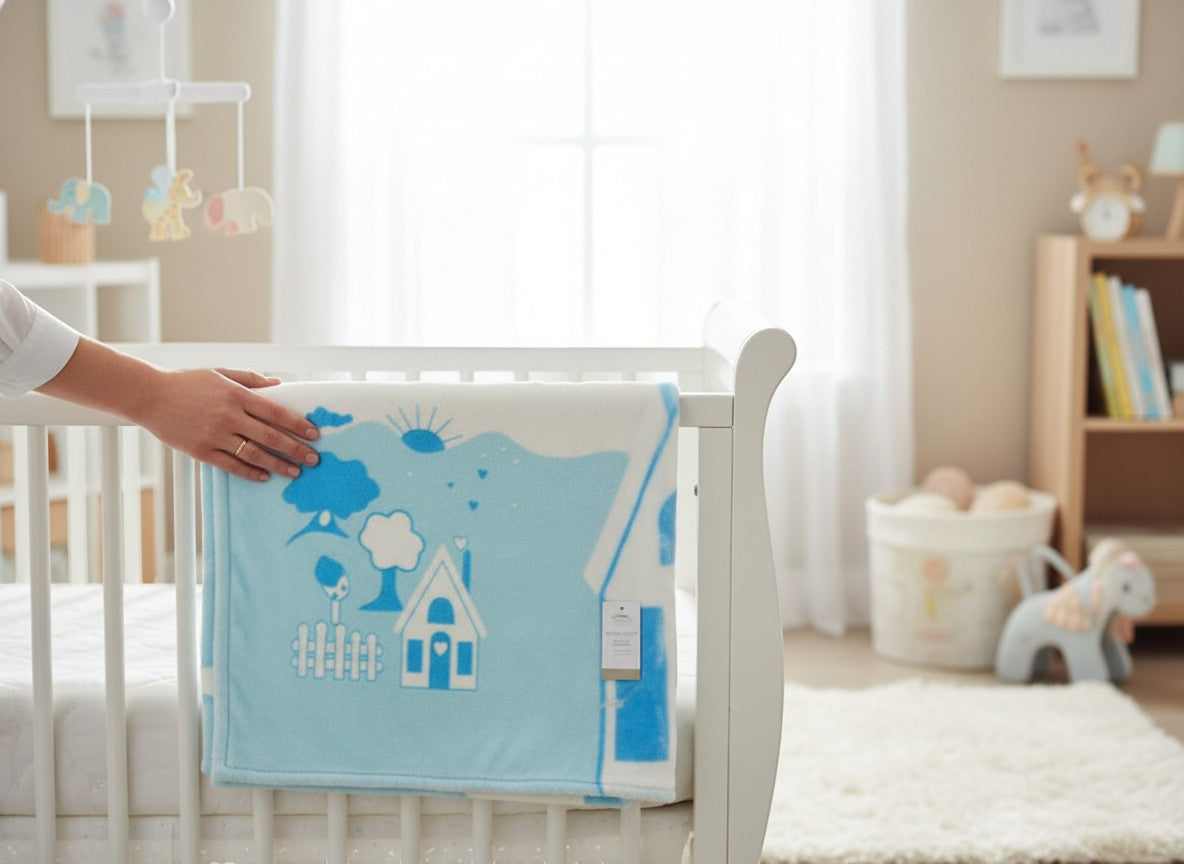 Stork And Baby blue and white polyester mink infant blanket with house and tree cutwork design.