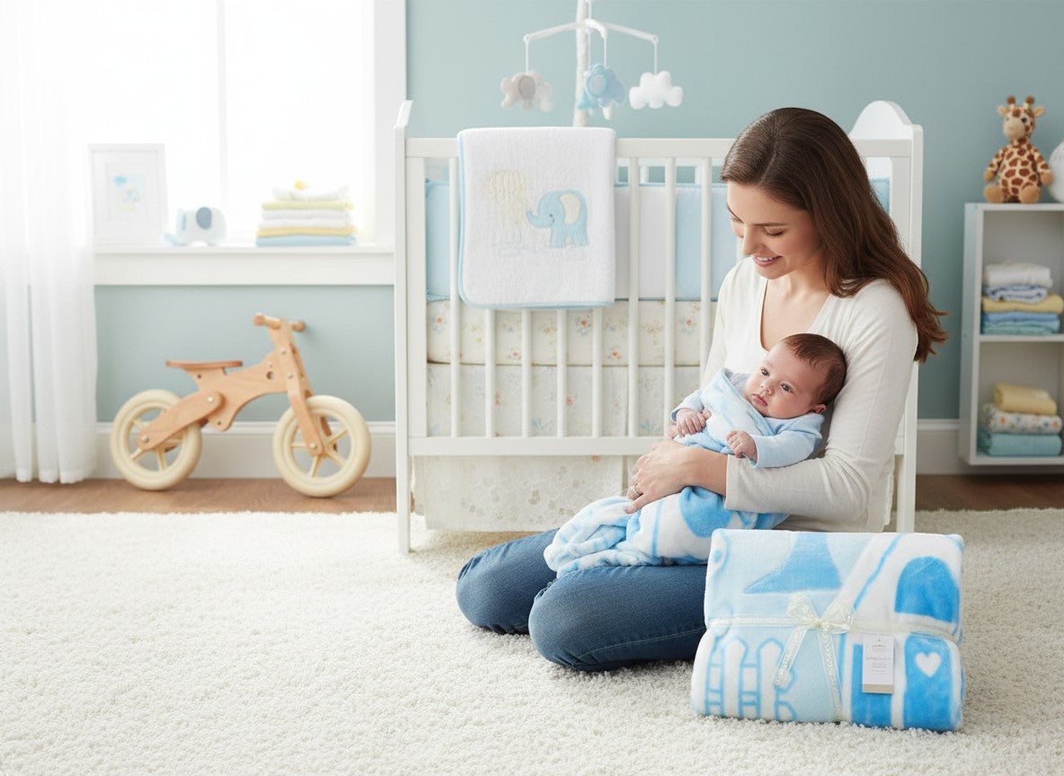 Stork And Baby blue and white polyester mink infant cutwork blanket with house and fence design
