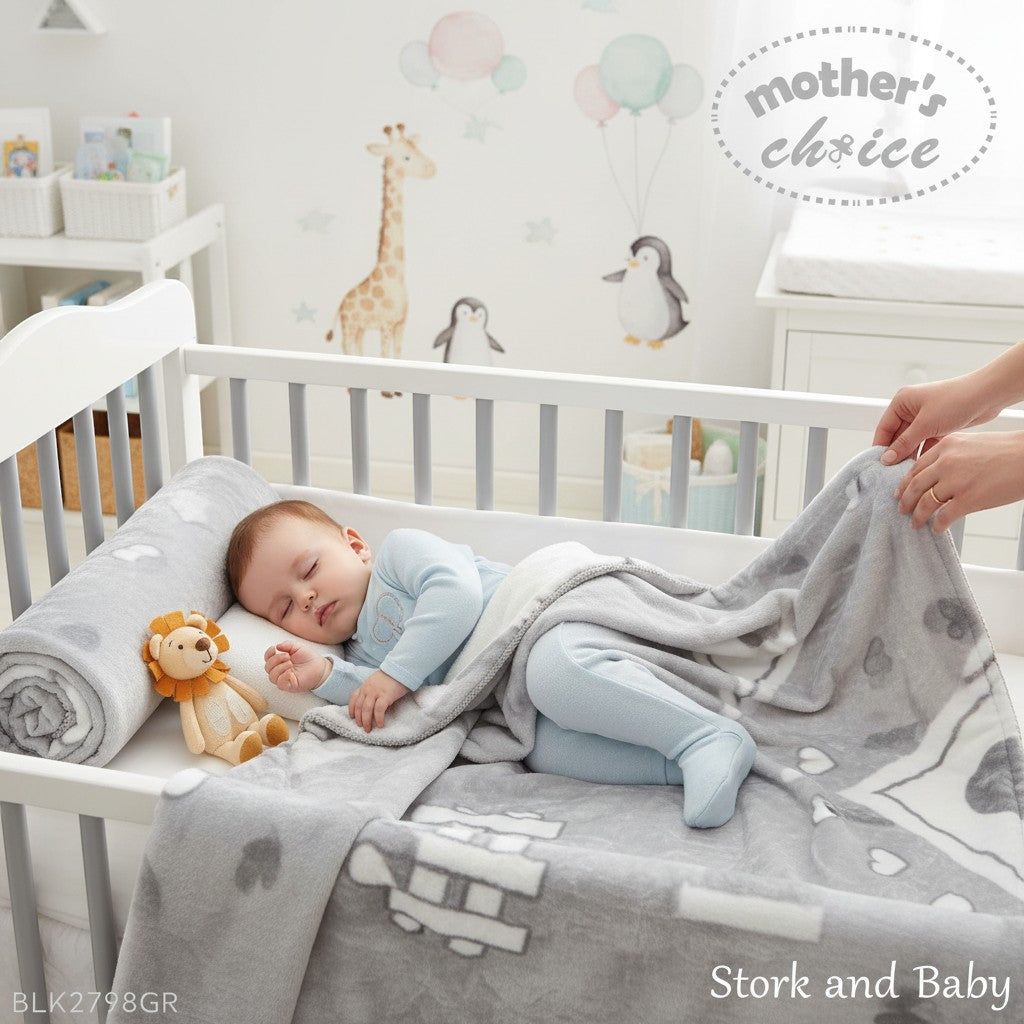 Stork and Baby grey and white polyester mink infant cutwork blanket with a cute animal pattern.