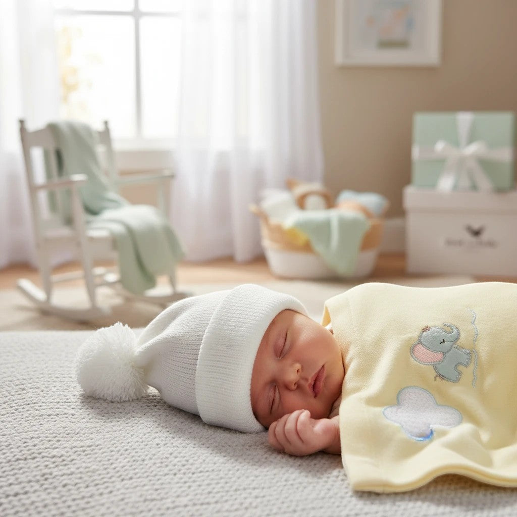 Stork And Baby white knit infant earflap hat with pom-pom, on sleeping baby with yellow elephant blanket.