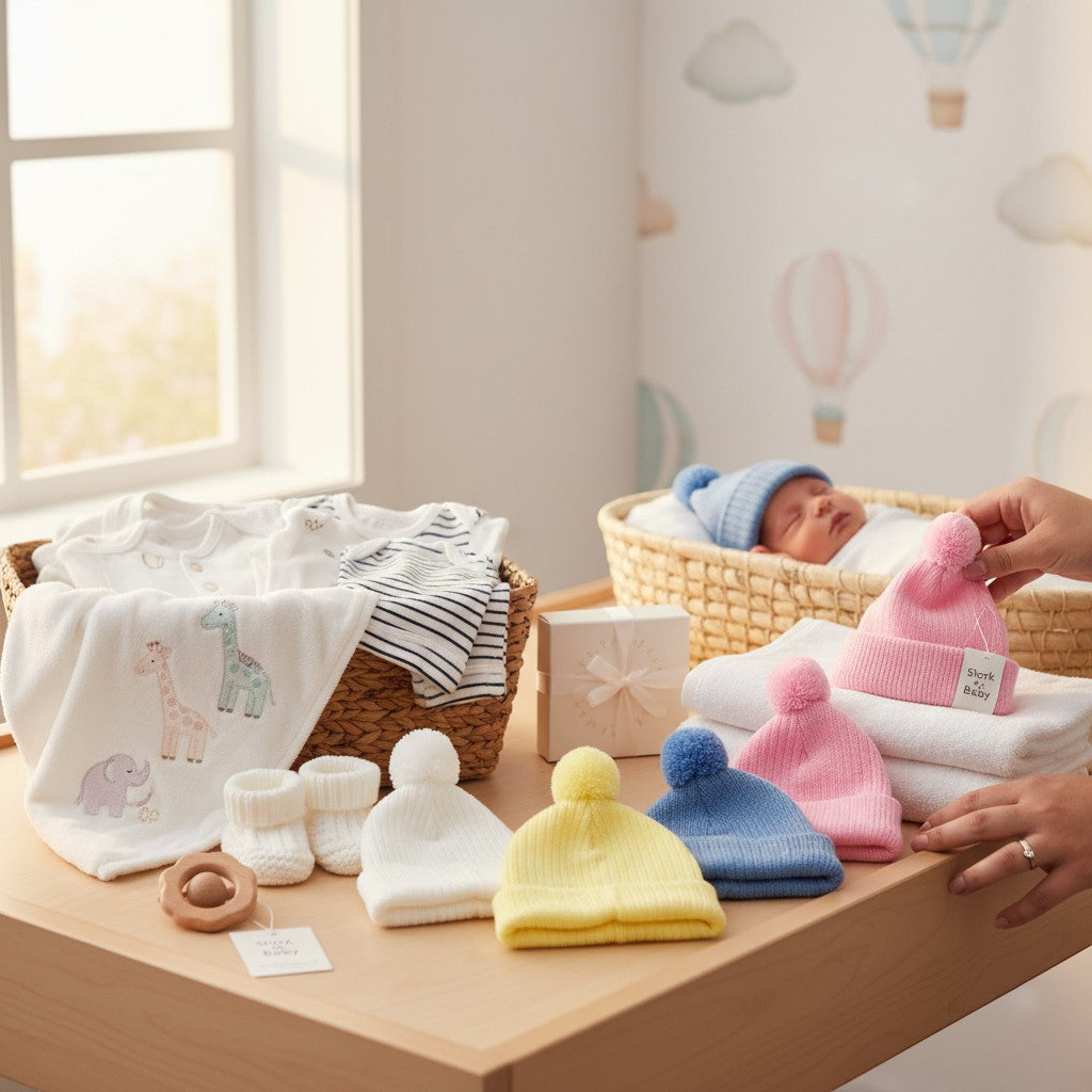Stork And Baby pastel knit earflap hats in pink, yellow, and blue with pom-poms. A baby sleeps in the background.