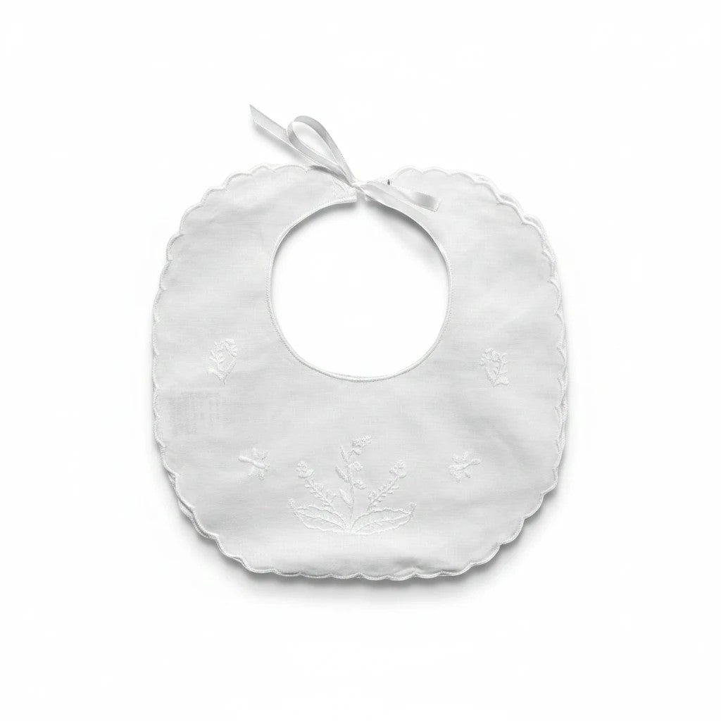 Stork And Baby Mother's Choice white linen and cotton infant bib with delicate floral embroidery and scalloped edges.