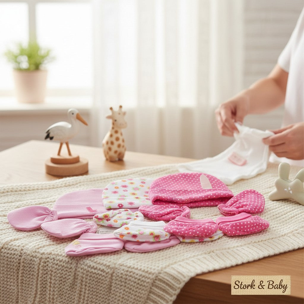 Stork & Baby infant girls 3-piece 100% cotton set in pink with floral and polka dot patterns. Includes hats and mittens.