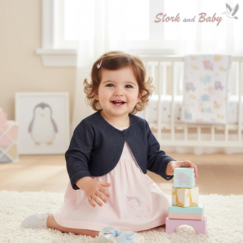 Stork and Baby dark denim bolero worn by a smiling infant girl in a pink unicorn dress, sitting on a rug.