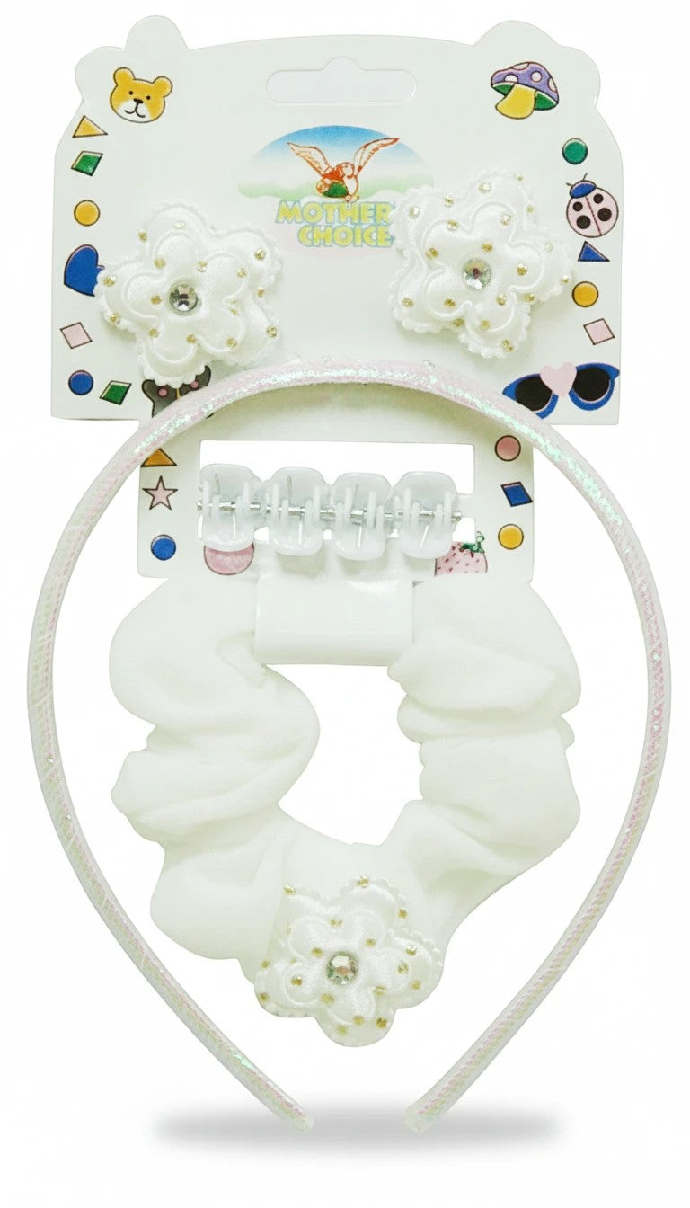 Stork And Baby Mothers Choice infant girls hair accessory set with white flower clips, headband, and scrunchie.